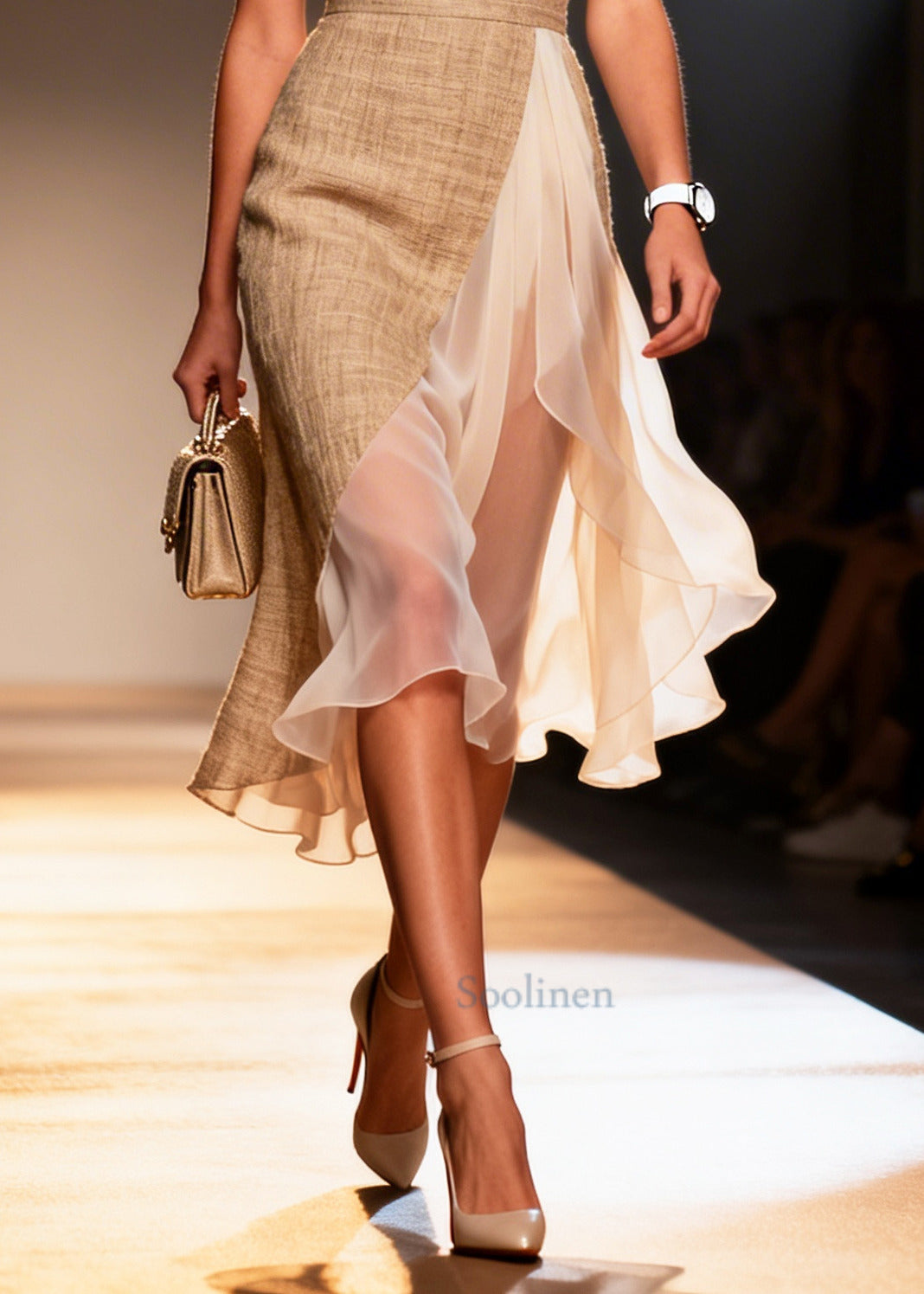 Fashion Khaki Asymmetrical Patchwork Tulle Linen Mini Dress Summer