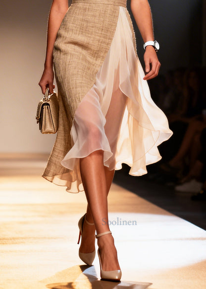 Fashion Khaki Asymmetrical Patchwork Tulle Linen Mini Dress Summer
