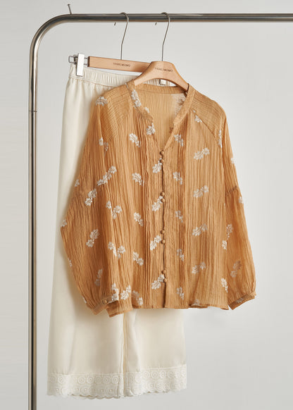 Blusas de algodón arrugado con bordados caqui de moda para primavera