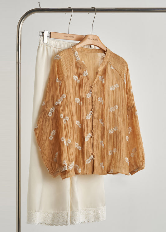 Blusas de algodón arrugado con bordados caqui de moda para primavera