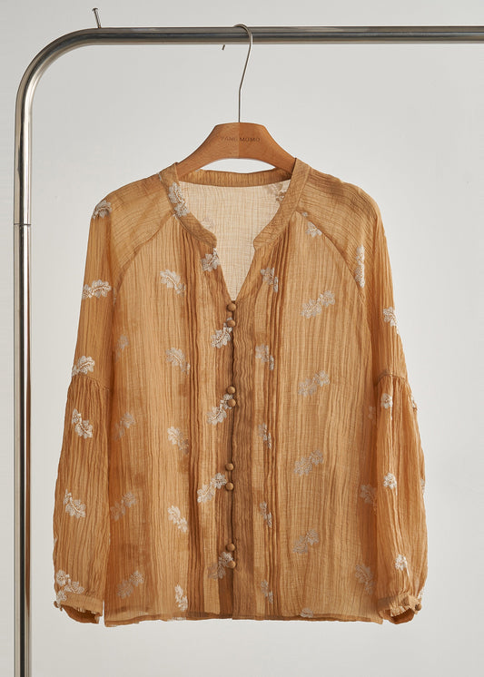 Blusas de algodón arrugado con bordados caqui de moda para primavera