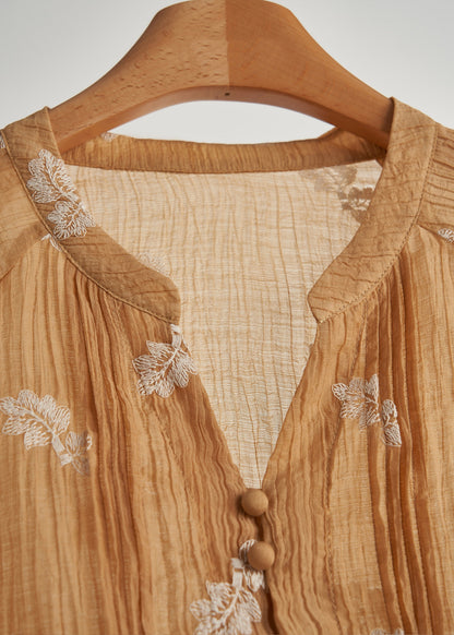 Blusas de algodón arrugado con bordados caqui de moda para primavera