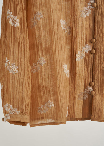 Blusas de algodón arrugado con bordados caqui de moda para primavera