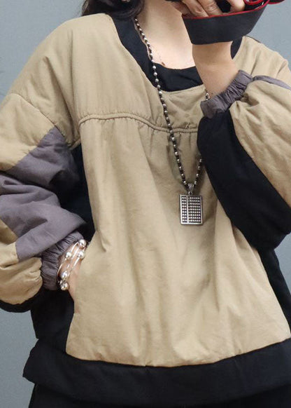 Modisches Sweatshirt mit O-Ausschnitt und Laternenärmeln in Khaki mit feiner Baumwolle