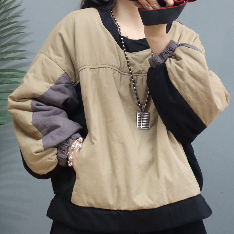 Modisches Sweatshirt mit O-Ausschnitt und Laternenärmeln in Khaki mit feiner Baumwolle