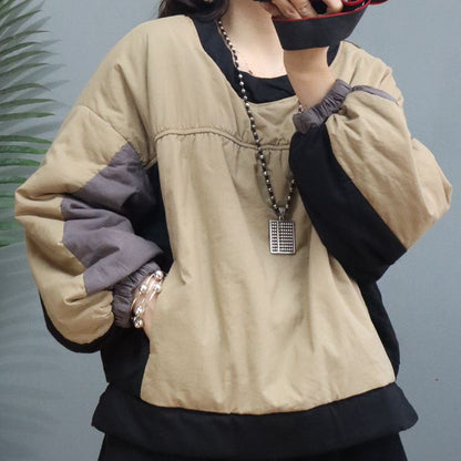 Modisches Sweatshirt mit O-Ausschnitt und Laternenärmeln in Khaki mit feiner Baumwolle