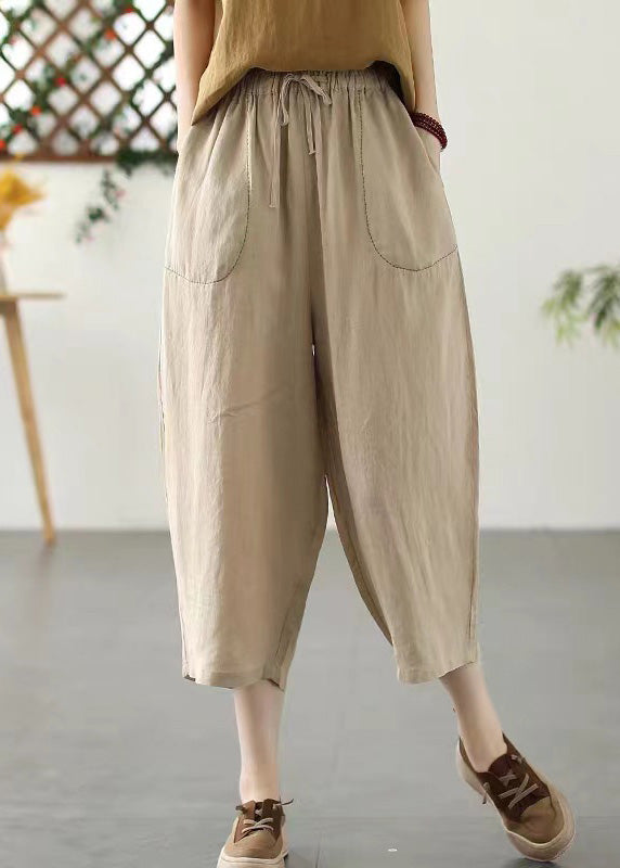 Pantalones cortos lisos de cintura elástica con lazo y retazos de color caqui a la moda para verano