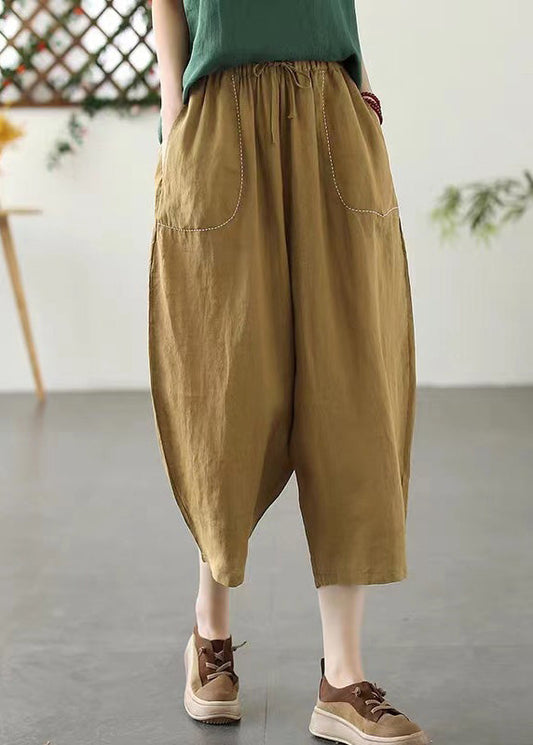 Pantalones cortos lisos de cintura elástica con lazo y retazos de color caqui a la moda para verano