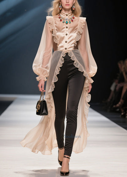Fashion Khaki Ruffled Patchwork Low High Design Chiffon Shirt Summer
