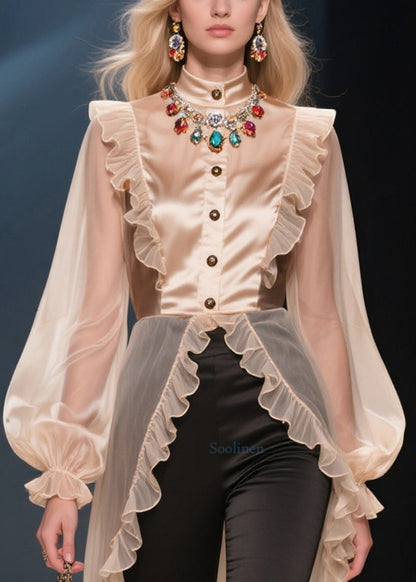 Fashion Khaki Ruffled Patchwork Low High Design Chiffon Shirt Summer