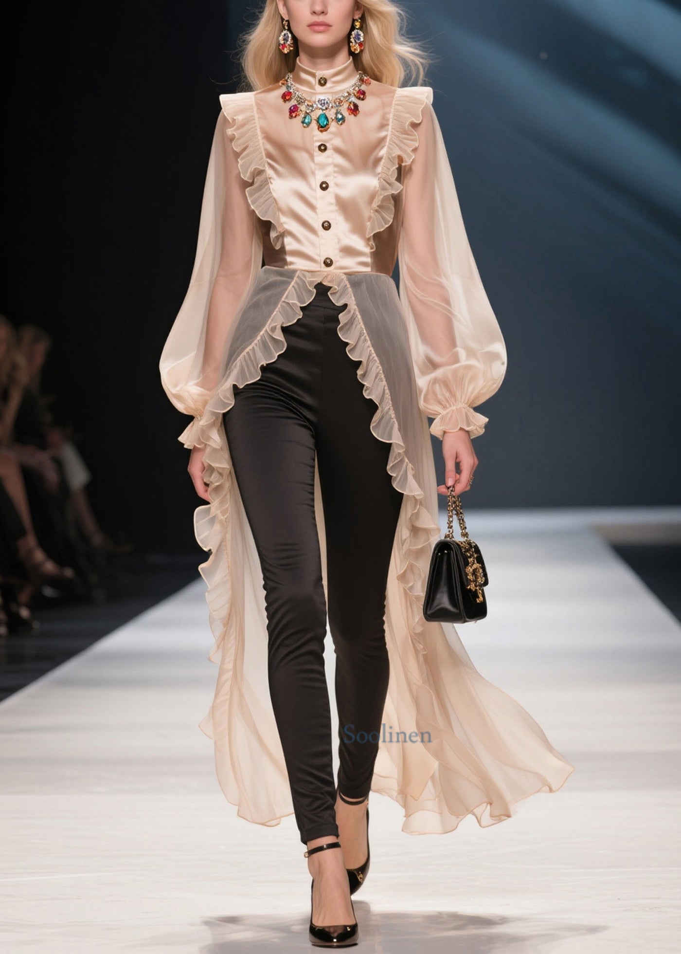 Fashion Khaki Ruffled Patchwork Low High Design Chiffon Shirt Summer
