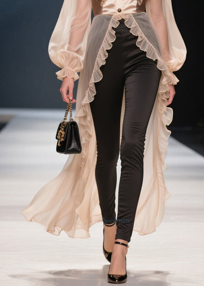 Fashion Khaki Ruffled Patchwork Low High Design Chiffon Shirt Summer