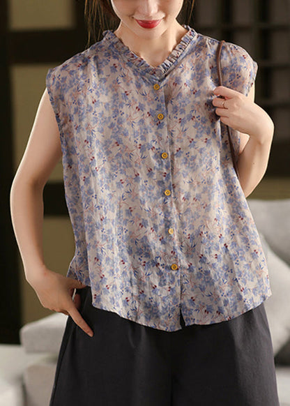 Fashion Khaki Ruffled Print Linen Blouses Sleeveless