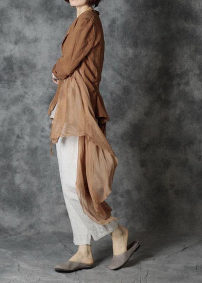 Fashion Khaki Tie Waist Patchwork Asymmetrical Design Fall Jackets Long Sleeve - SooLinen