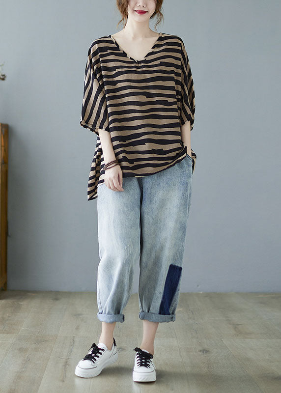 Modische Herbstblusen in Khaki mit V-Ausschnitt und Fledermausflügelärmeln