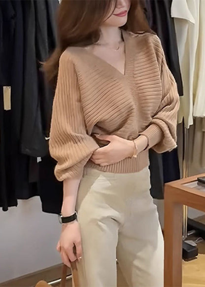 Suéter de punto de algodón acogedor con cuello en V y patchwork de color caqui de moda para primavera