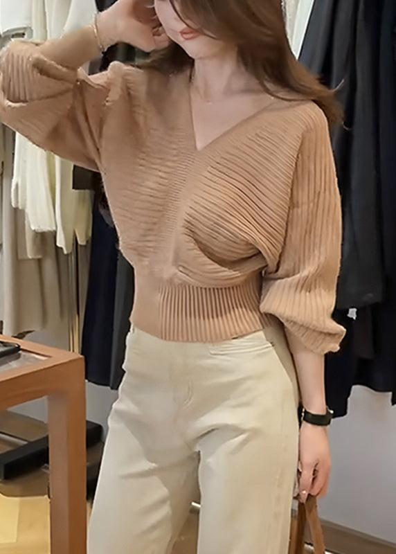 Suéter de punto de algodón acogedor con cuello en V y patchwork de color caqui de moda para primavera