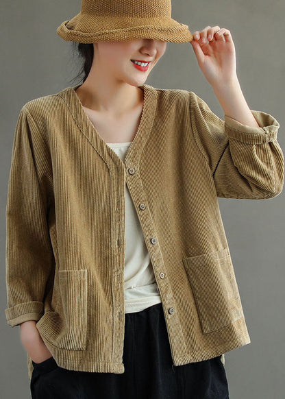 Mode Khaki taste V-ausschnitt Cord mäntel Frühling