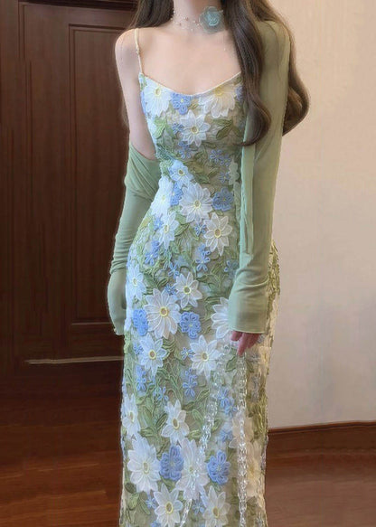 Fashion Lace Embroidered Spaghetti Strap Dress And Cardigans Set Summer