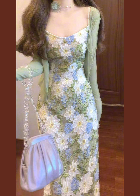 Fashion Lace Embroidered Spaghetti Strap Dress And Cardigans Set Summer
