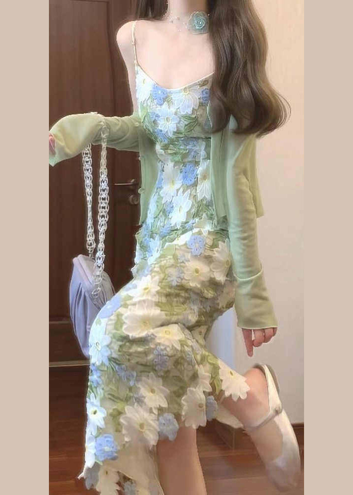 Fashion Lace Embroidered Spaghetti Strap Dress And Cardigans Set Summer