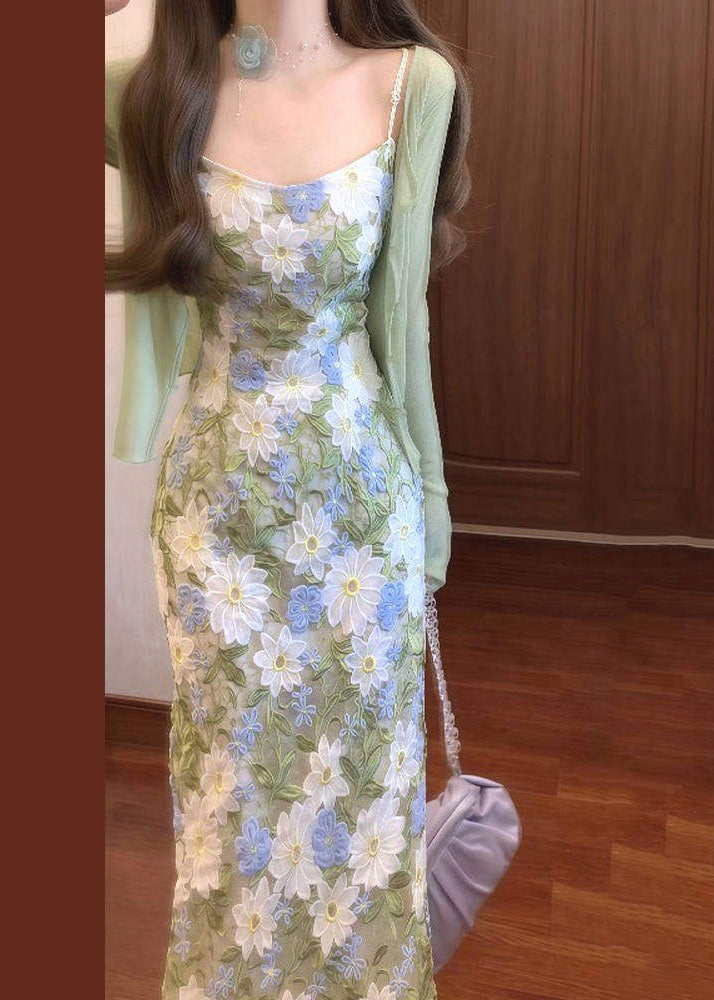 Fashion Lace Embroidered Spaghetti Strap Dress And Cardigans Set Summer
