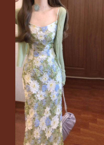 Fashion Lace Embroidered Spaghetti Strap Dress And Cardigans Set Summer