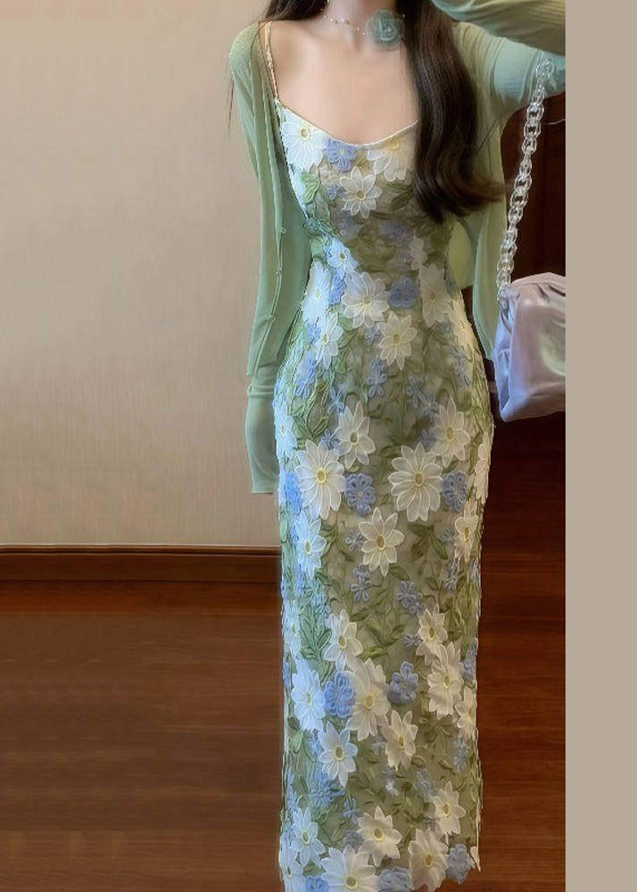 Fashion Lace Embroidered Spaghetti Strap Dress And Cardigans Set Summer