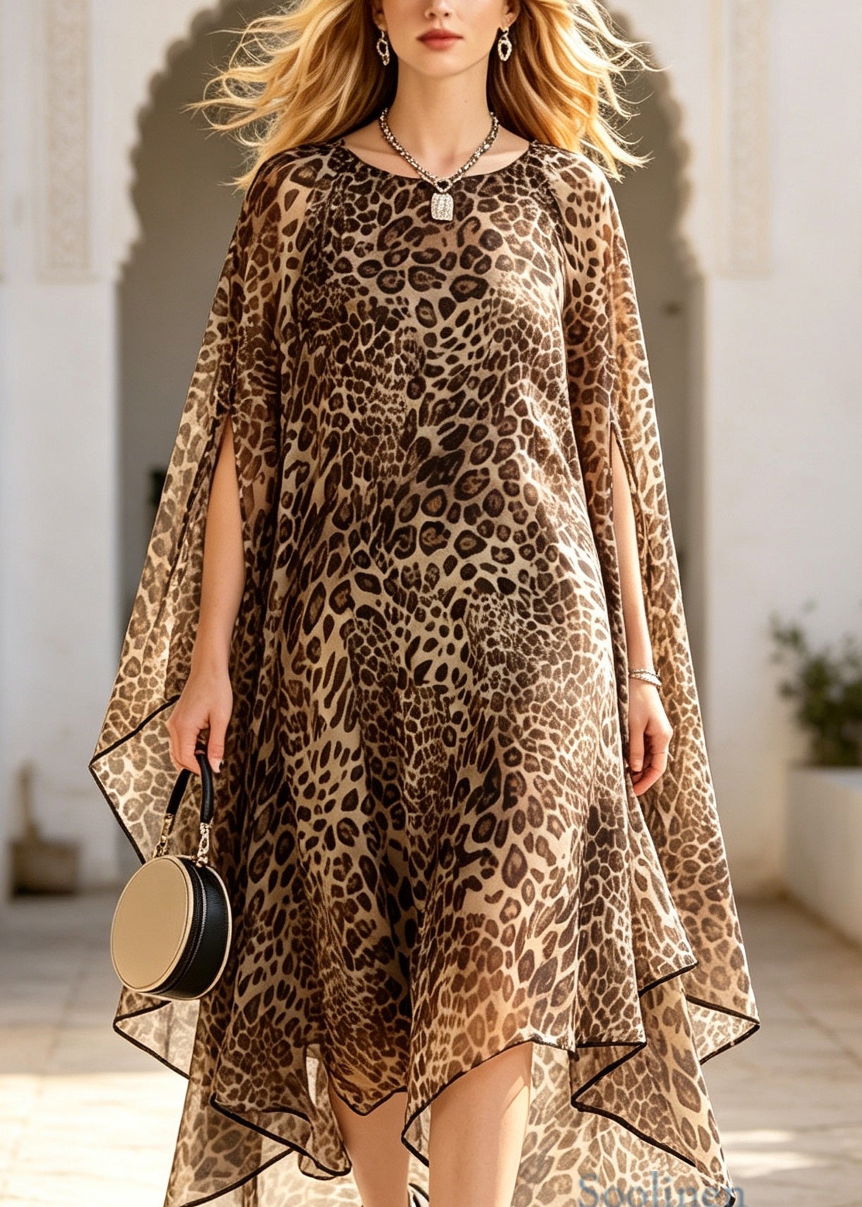 Fashion Leopard O Neck Asymmetrical Design Chiffon Dress Set Summer