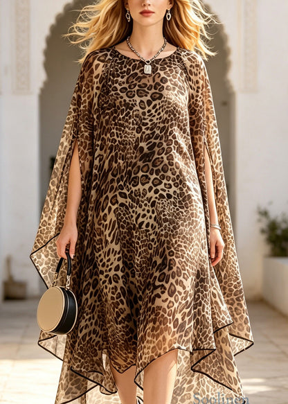 Fashion Leopard O Neck Asymmetrical Design Chiffon Dress Set Summer