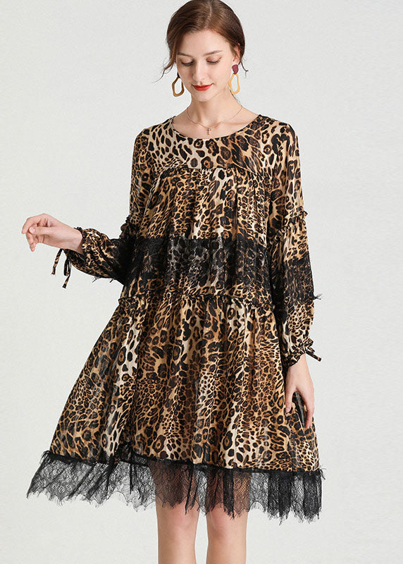 Mode Leopard Patchwork Spitze Herbst Chiffon Kleid
