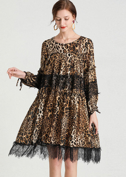 Mode Leopard Patchwork Spitze Herbst Chiffon Kleid