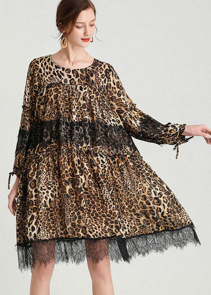 Mode Leopard Patchwork Spitze Herbst Chiffon Kleid
