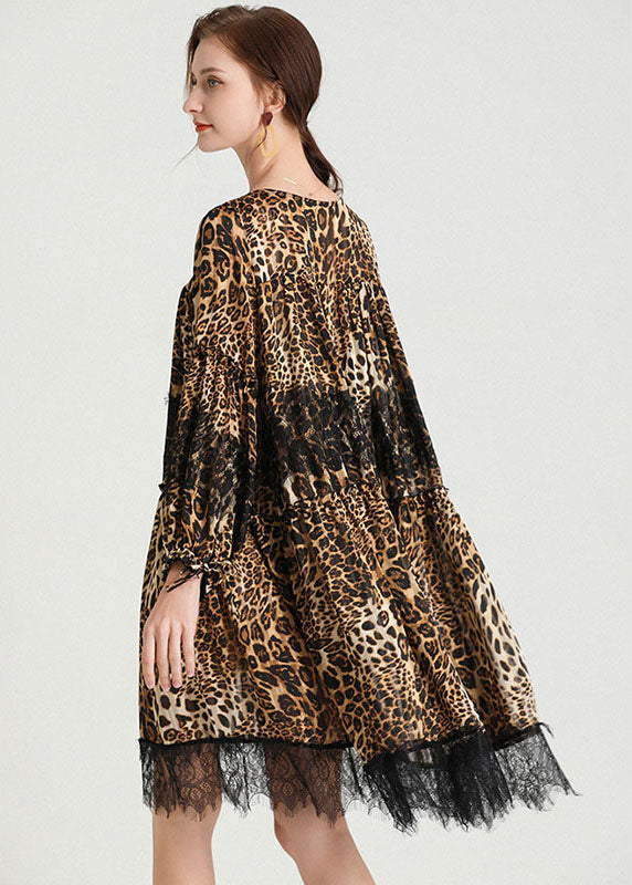 Mode Leopard Patchwork Spitze Herbst Chiffon Kleid