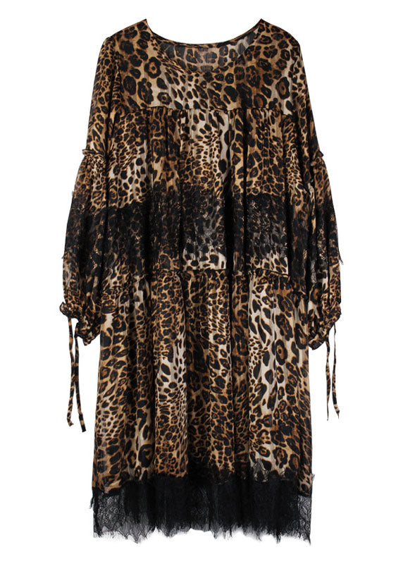 Mode Leopard Patchwork Spitze Herbst Chiffon Kleid