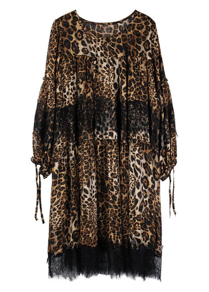 Mode Leopard Patchwork Spitze Herbst Chiffon Kleid