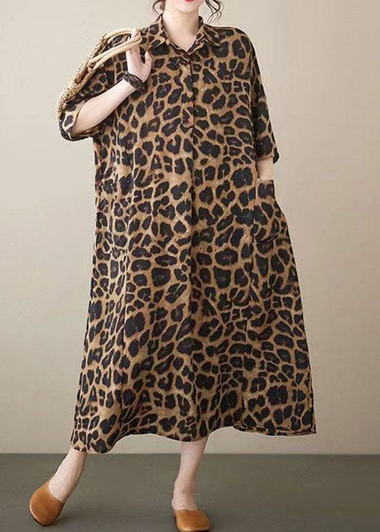Vestidos largos de algodón con estampado de leopardo y cuello Peter Pan, bolsillos y patchwork para verano