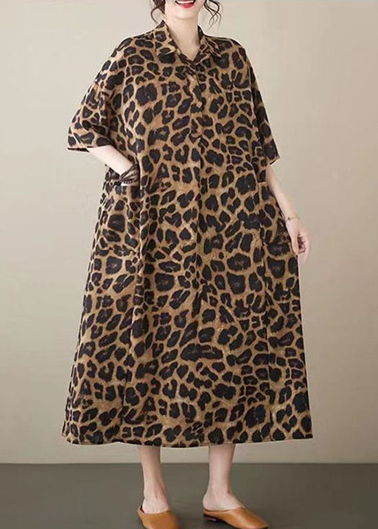 Vestidos largos de algodón con estampado de leopardo y cuello Peter Pan, bolsillos y patchwork para verano