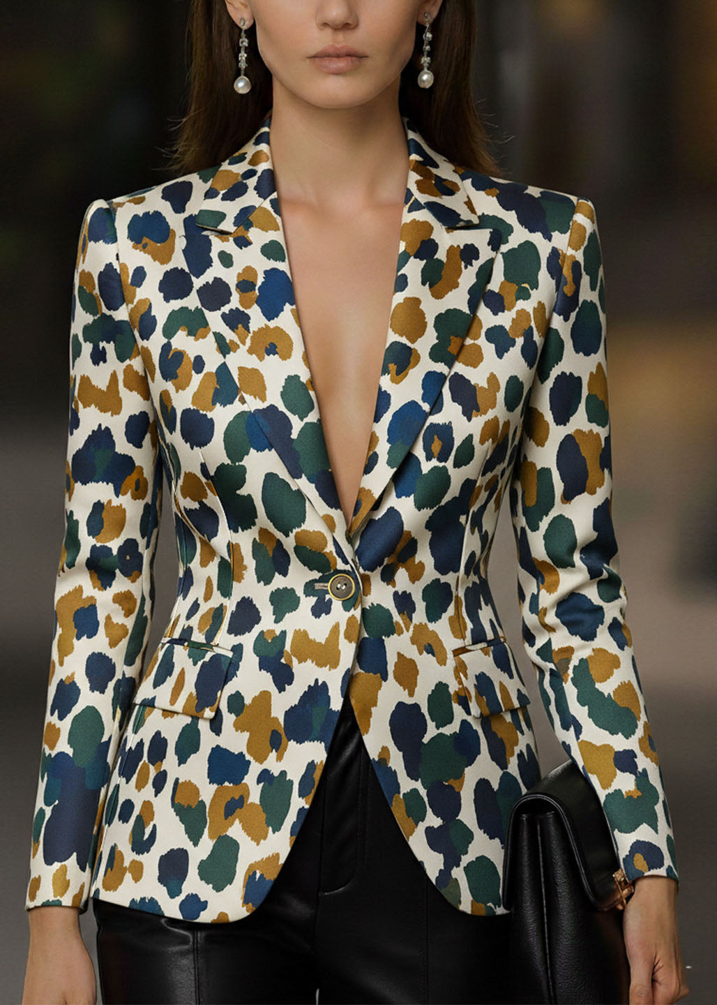 Fashion Leopard Peter Pan Collar Pockets Print Blazer Jackets Coat Fall