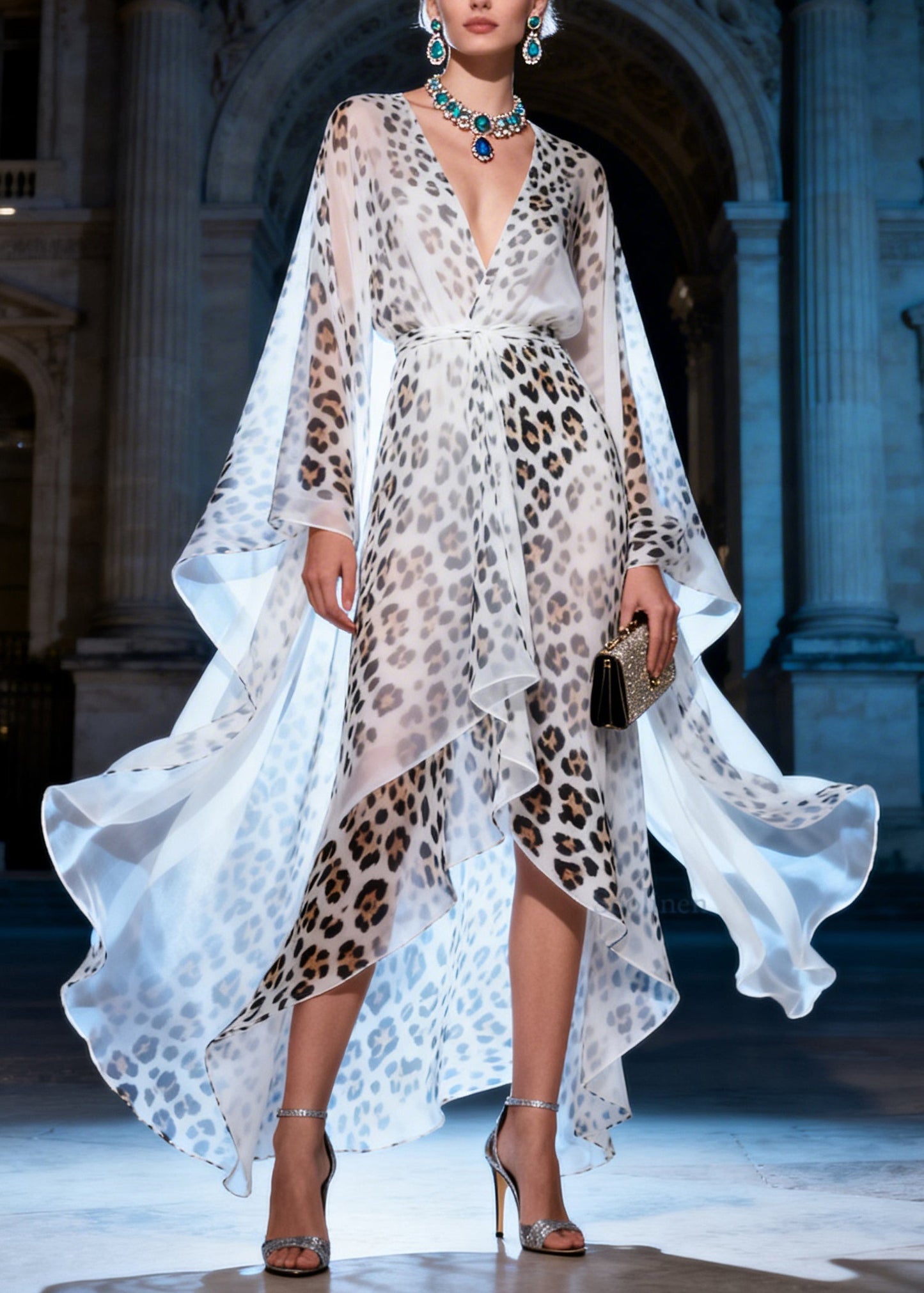 Fashion Leopard Print V Neck Asymmetrical Patchwork Chiffon Dress Summer