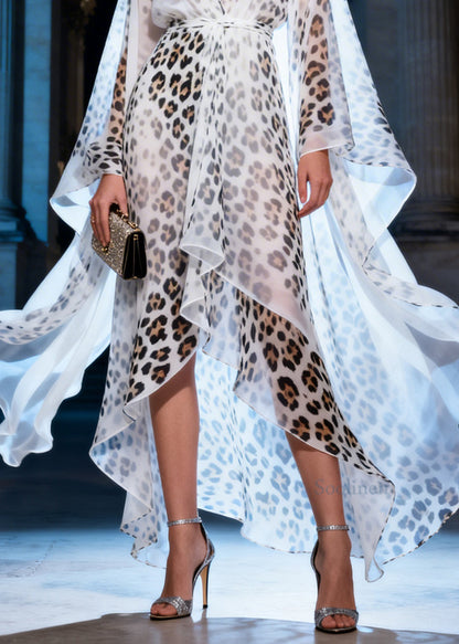 Fashion Leopard Print V Neck Asymmetrical Patchwork Chiffon Dress Summer