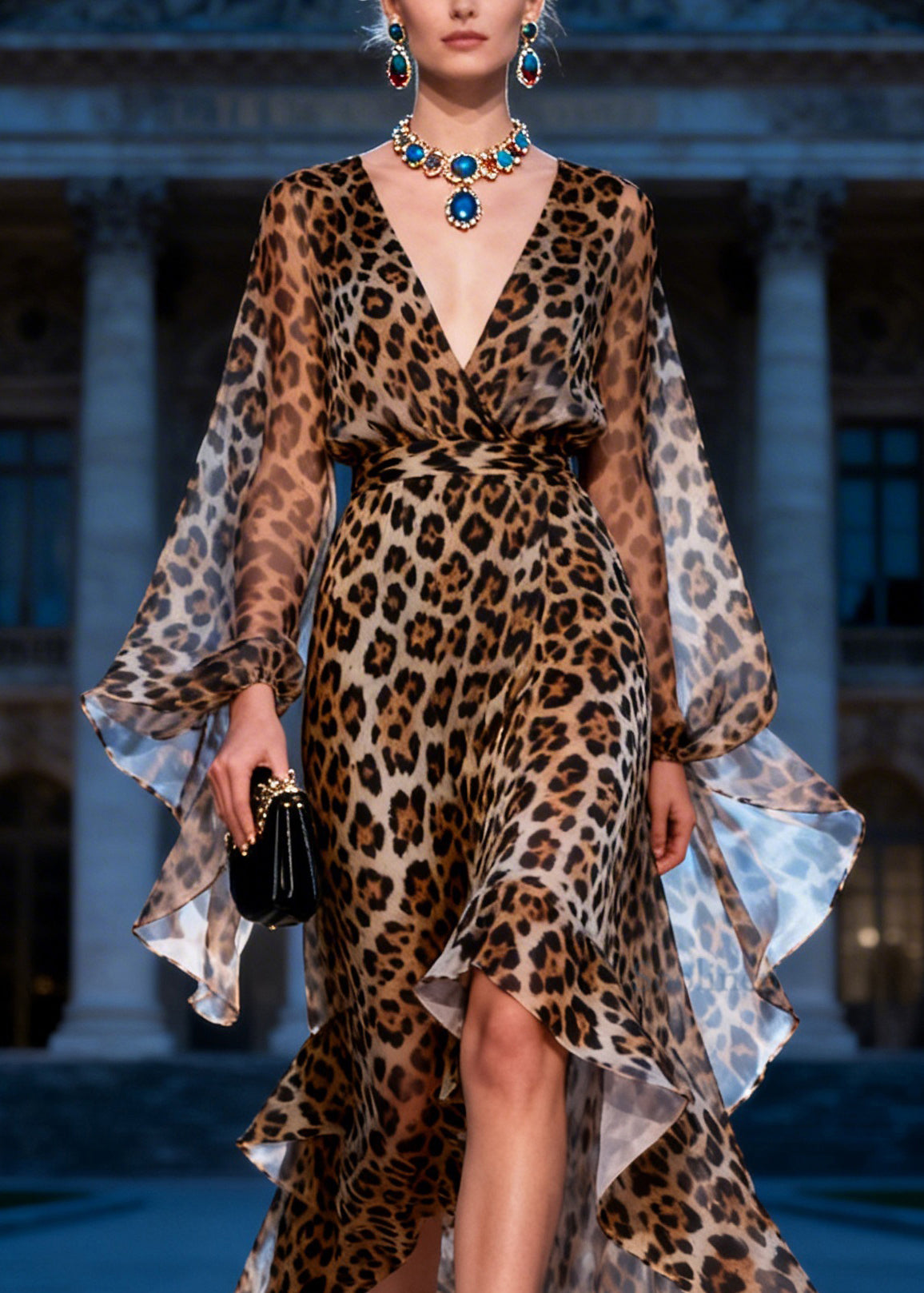 Fashion Leopard V Neck Asymmetrical Design Patchwork Chiffon Dresses Summer