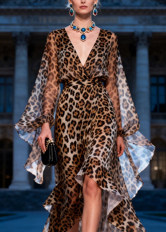 Fashion Leopard V Neck Asymmetrical Design Patchwork Chiffon Dresses Summer