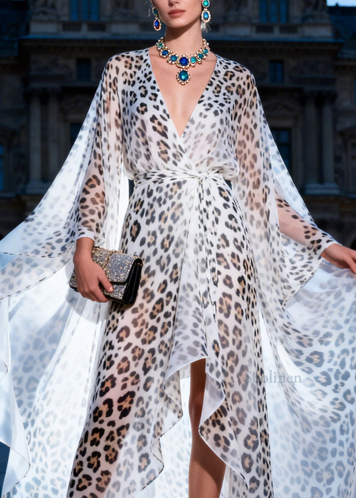 Fashion Leopard V Neck Print Low High Design Chiffon Dress Summer