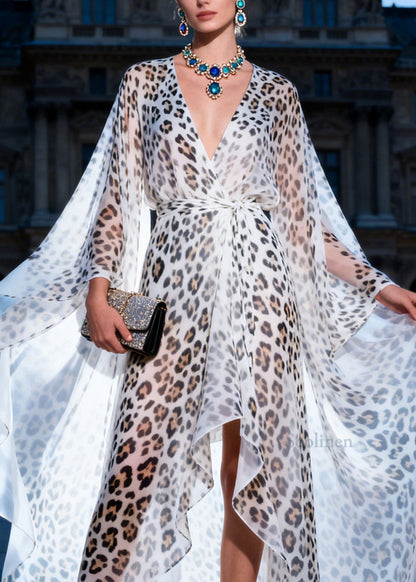 Fashion Leopard V Neck Print Low High Design Chiffon Dress Summer