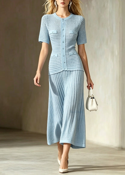 Fashion Light Blue O-Neck Button Party Dress Short Sleeve