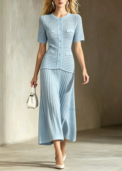 Fashion Light Blue O-Neck Button Party Dress Short Sleeve