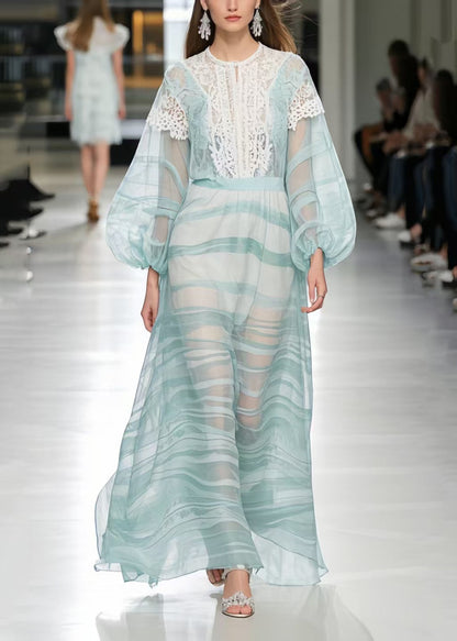 Fashion Light Blue Print Lace Patchwork Chiffon Ankle Dress Summer
