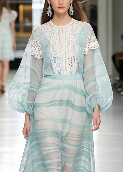 Fashion Light Blue Print Lace Patchwork Chiffon Ankle Dress Summer