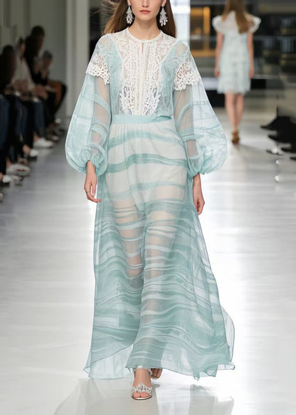 Fashion Light Blue Print Lace Patchwork Chiffon Ankle Dress Summer